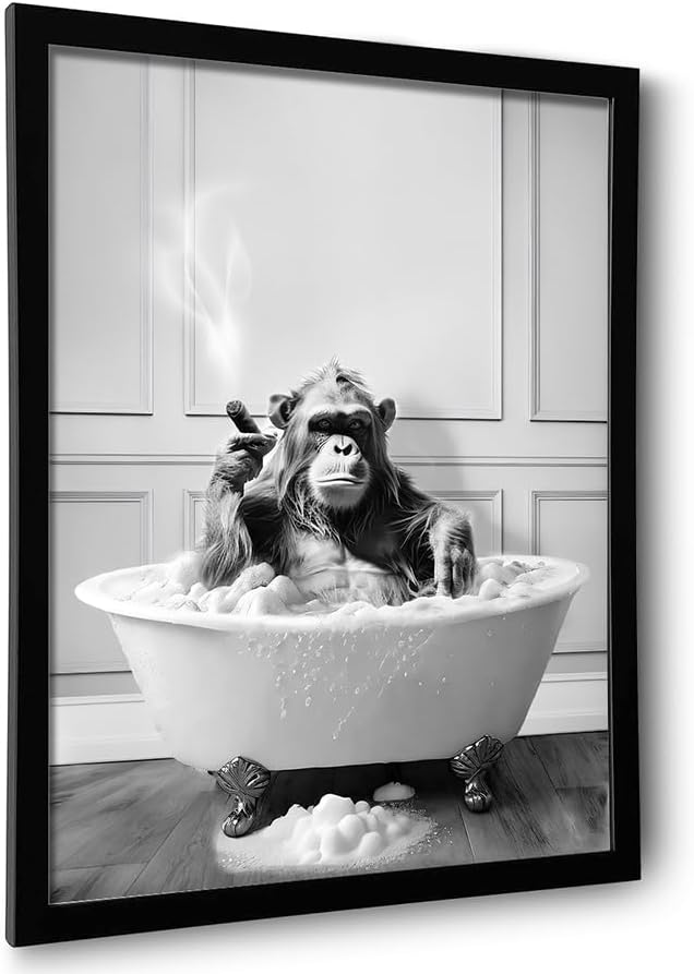 Framed Bathroom Decor Wall Art with Chimpanzee in Bathtub