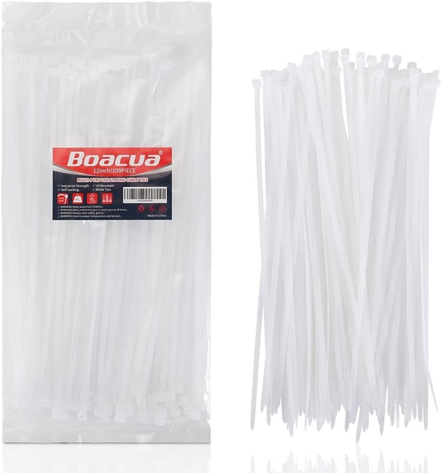 Premium 12 White Cable Ties (100 Pack) - Strong, Self-Locking Nylon Wires by Boacua