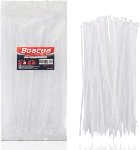 Premium 12 White Cable Ties (100 Pack) - Strong, Self-Locking Nylon Wires by Boacua