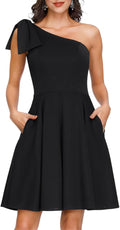 JASAMBAC Women's Bow One Shoulder Dress with Pockets - Flowy A-Line
