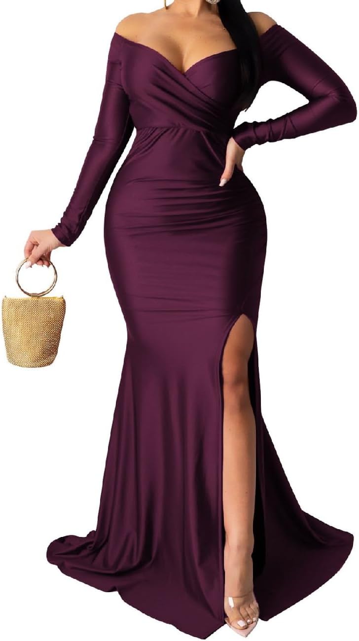 A ADILACA Women's Off Shoulder High Split Long Formal Dress