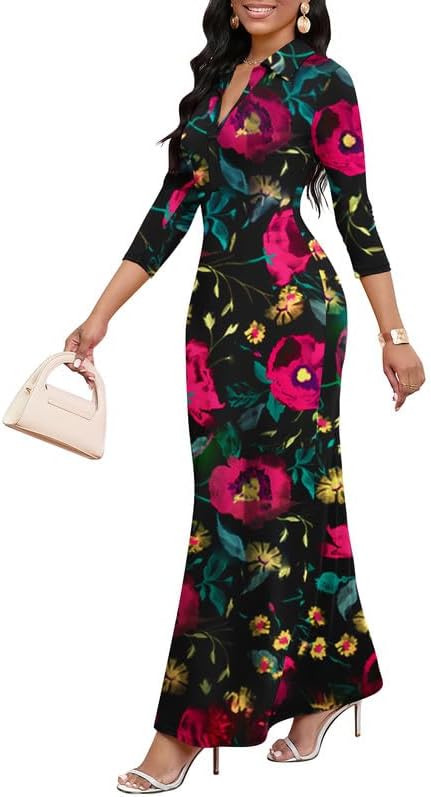 Maxi Dresses for Women Casual V Neck 3/4 Sleeve Bodycon Style