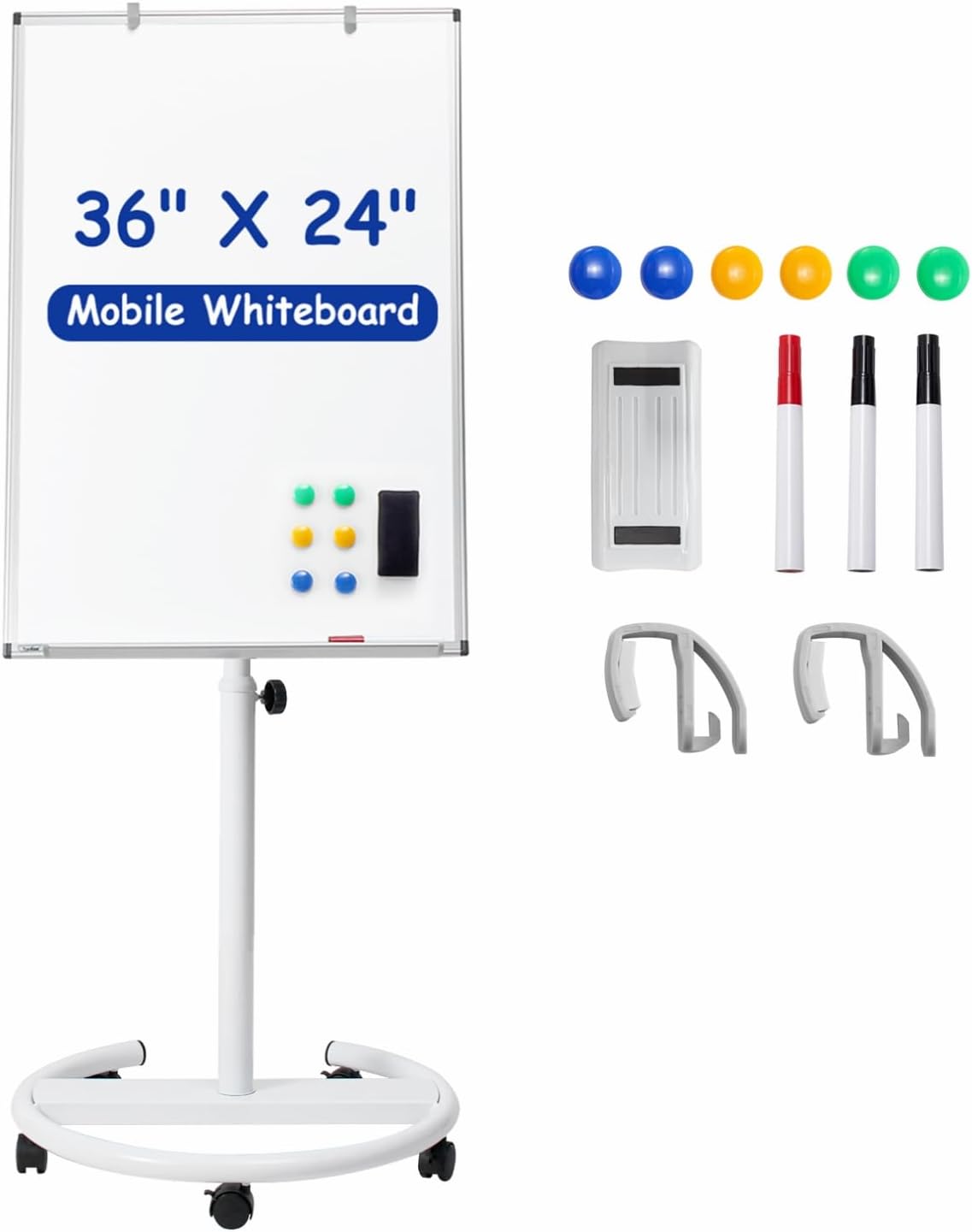 Mobile Whiteboard on Wheels - Height Adjustable 36x24 in Board