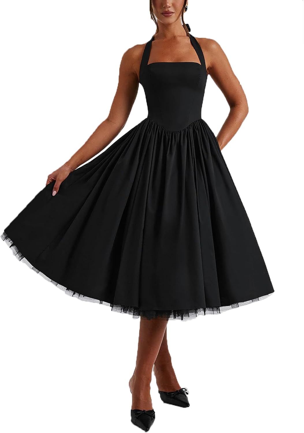 Women Summer Halter Dress Low Cut Sleeveless A Line Tulle