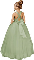 Crossed Straps Flower Girl Tulle Dress with Bow - Puffy Satin Gown