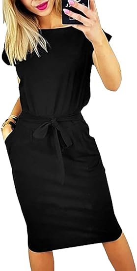 Miselon Womens Summer Tshirt Dress with Pockets and Tie Waist