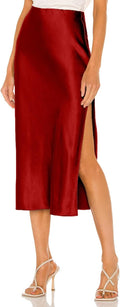 Womens Satin Silk High Waist Slit Midi Skirt - Flowy Satin Midi Please