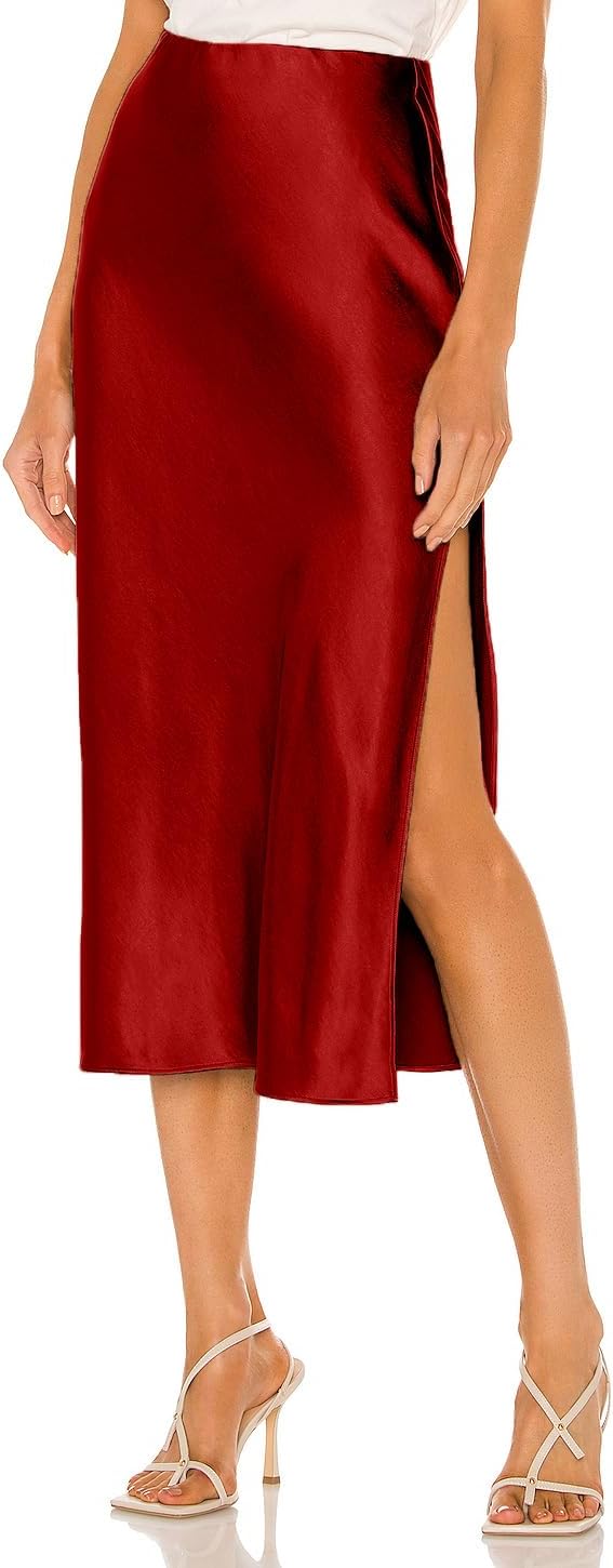 Womens Satin Silk High Waist Slit Midi Skirt for Every Occasion