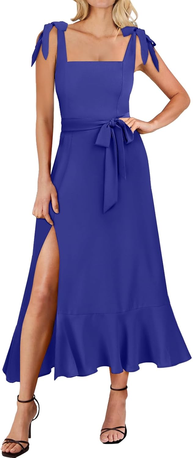 Elegant Square Neck Ruffle Split Midi Dress for Weddings & Parties