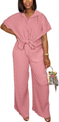 Women's Casual Two Piece Set - Button Shirt & Wide Leg Pants
