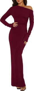 One Shoulder Long Sleeve Bodycon Maxi Dress - Ruched Slit Elegance
