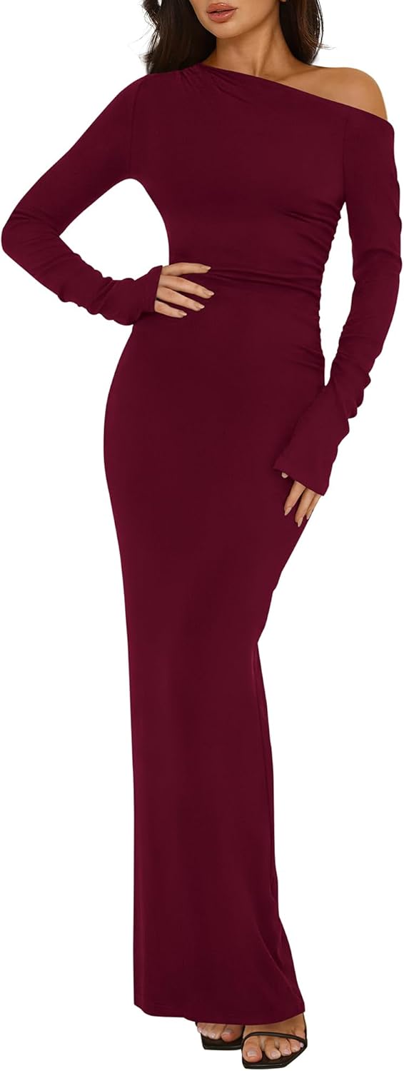 One Shoulder Long Sleeve Dress for Women - Bodycon Maxi Style