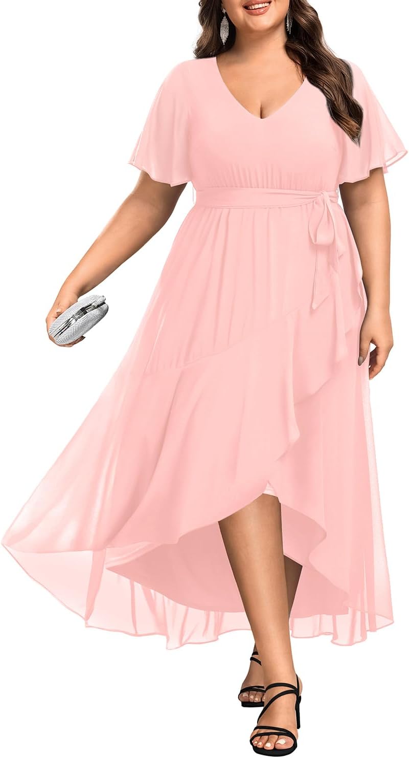 Womens Plus Size Long Dress Chiffon High Low Split Ruffle Style