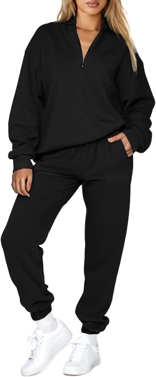 Stylish Oversized Half Zip Pullover Jogger Pants Set for Women