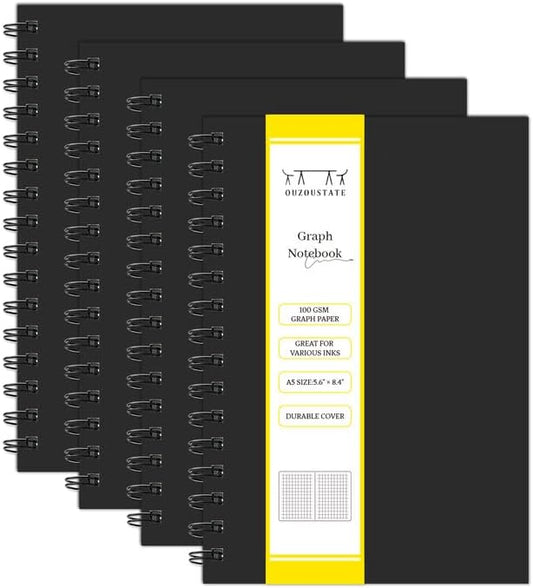Premium Graph Paper Spiral Notebooks - 4 Pack, Thick 100GSM Paper, A5 Grid Journal!