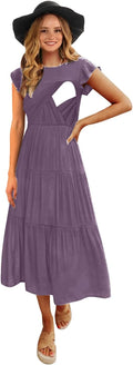 Womens Flutter Short Sleeve Smocked Tiered Nursing Dress - Lightweight