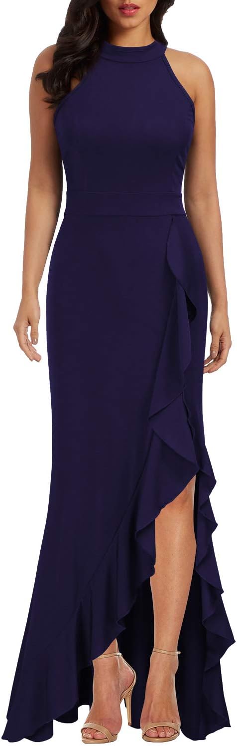 WOOSEA Women's High Neck Split Bodycon Mermaid Evening Dress