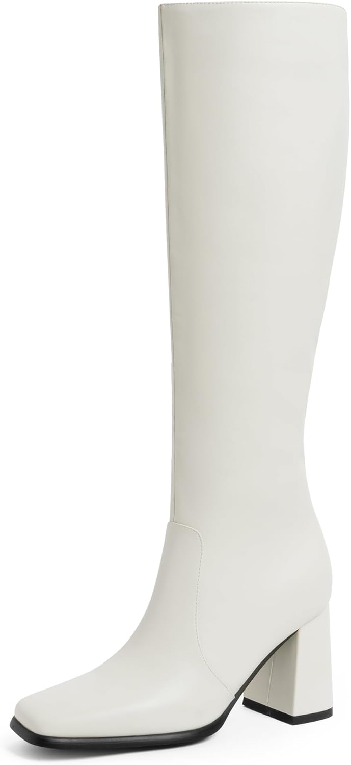 Modatope Knee High Boots Women Chunky Heel Square Toe Stylish