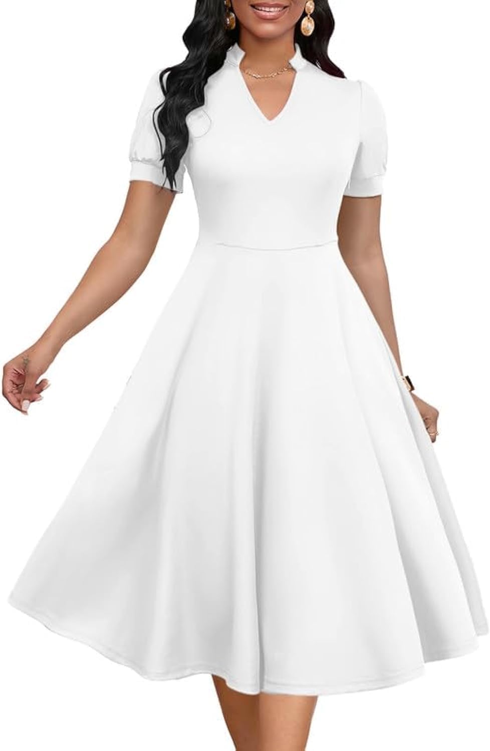 Womens Short Puff Sleeve V Neck Casual Cocktail A-Line Dress