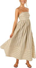 Striped Back Smocked Maxi Dress - Flattering Cut Out Swing Midi
