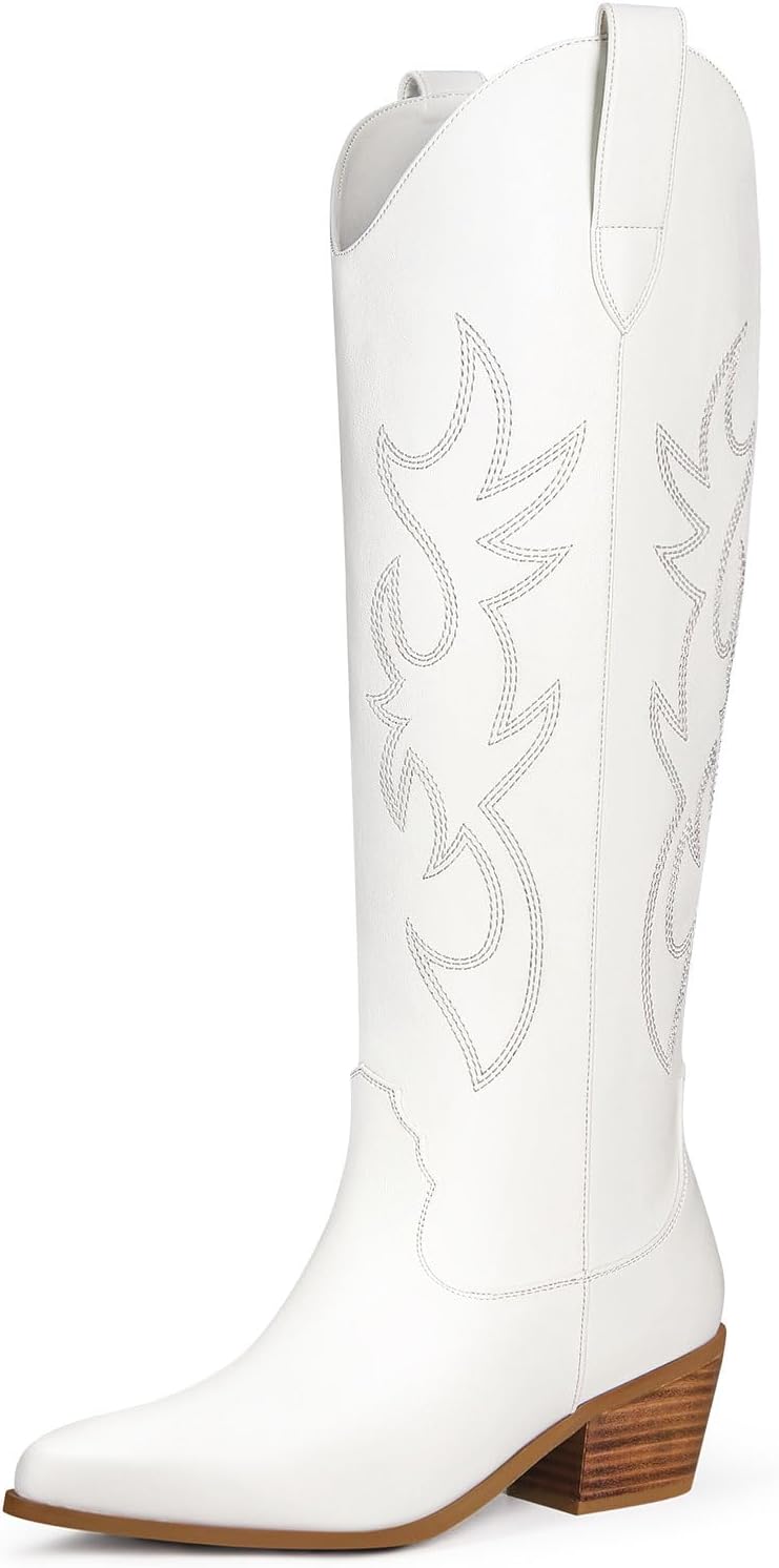 Stylish White Cowgirl Boots for Women - Knee High Chunky Heel