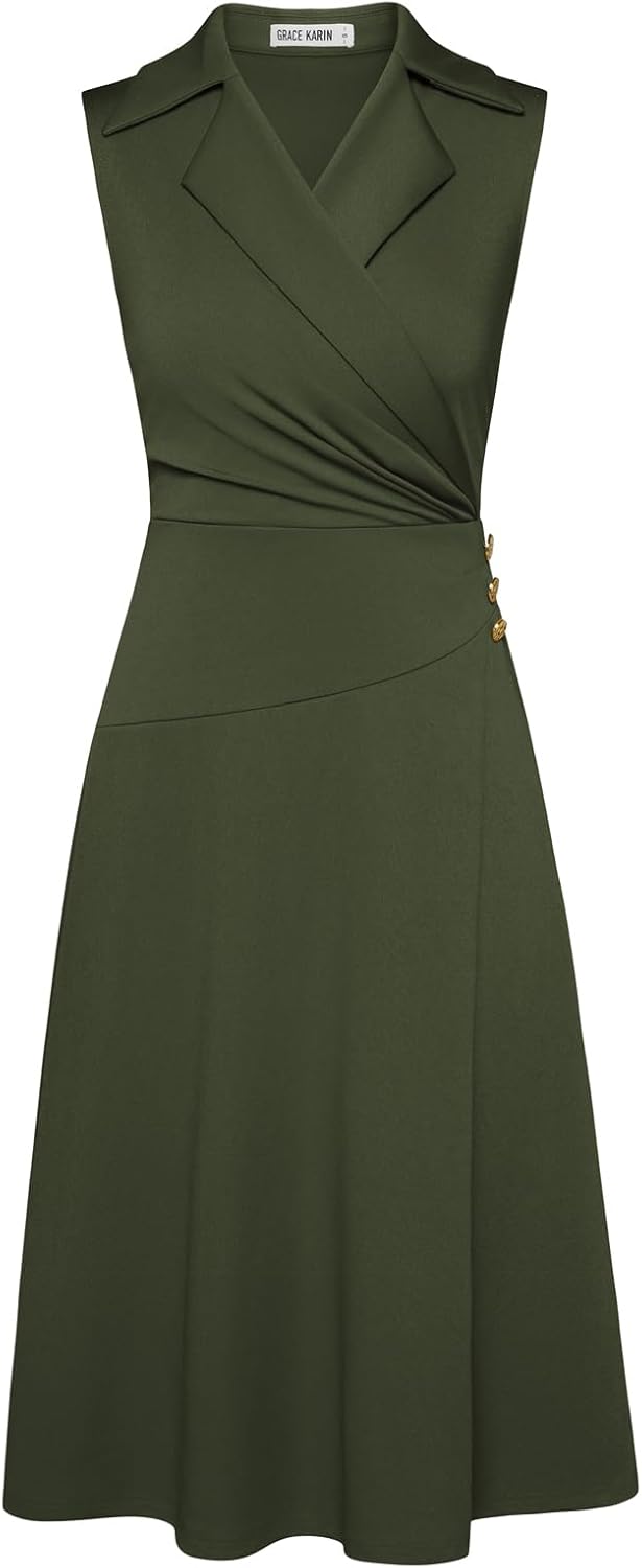 Notch Lapel Ruched Wrap V Neck Business Work Dress for Women