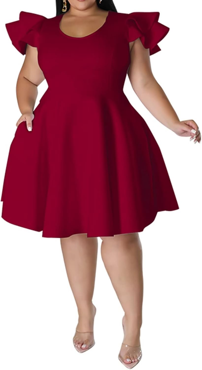IyMoo Women's Plus Size Cape Flutter Sleeve A Line Dress