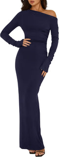 One Shoulder Long Sleeve Bodycon Maxi Dress - Ruched Night Out Club