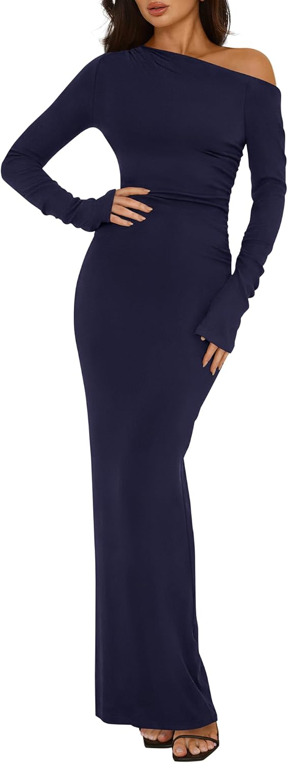 One Shoulder Long Sleeve Dress for Women - Bodycon Maxi Style