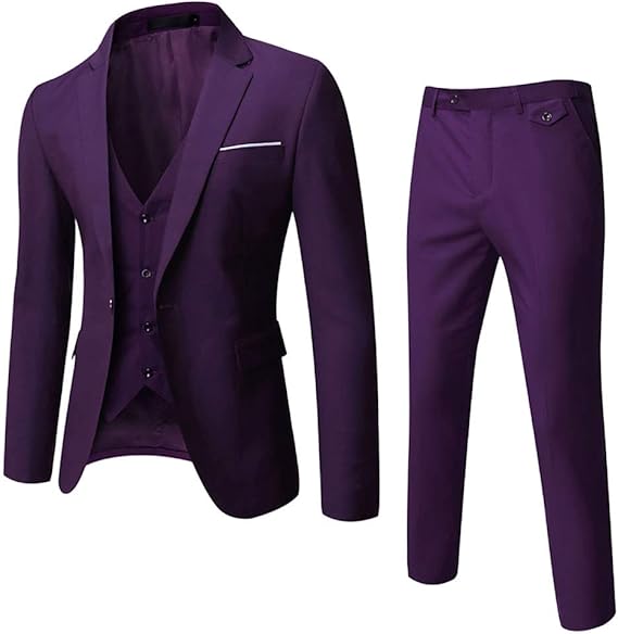 WULFUL Mens Slim Fit Suit One Button 3-Piece Blazer Set