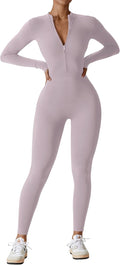 Women Long Sleeve Workout Jumpsuit Zip Up Romper - Bodycon Fit CAUTION
