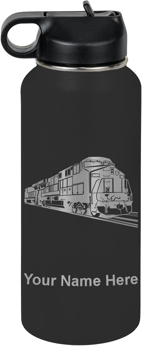LaserGram Personalized Water Bottle with Freight Train Design