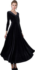 Velvet Long Sleeve V-Neck Dress for Women - Elegant Retro Green