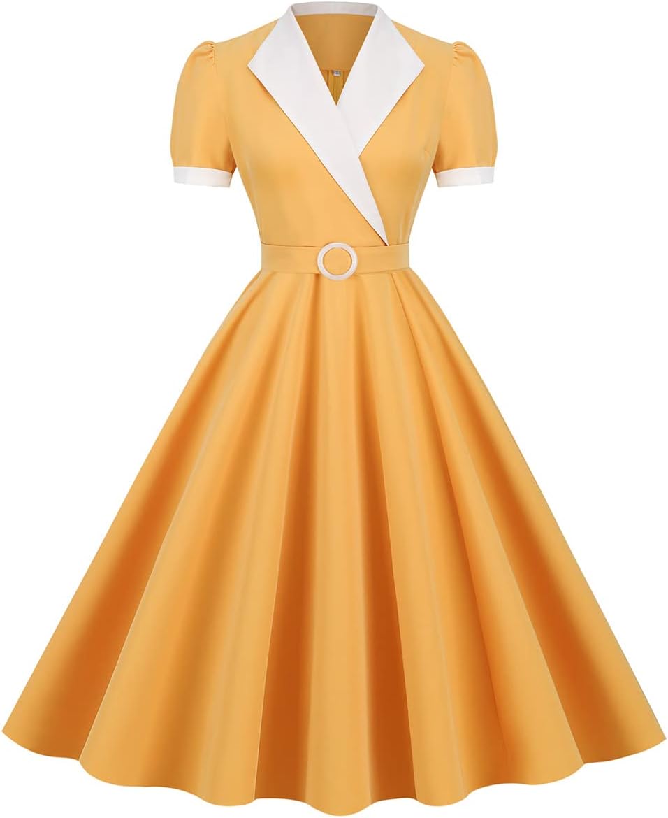 Women Vintage 1950s Retro Cocktail Party Swing Dress with Belt
