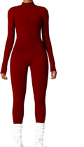 Womens Long Sleeve Workout Jumpsuit Zip Up Yoga Rompers - Tummy