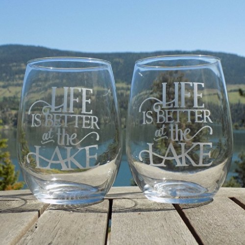 Life is Better at the Lake Set of Two 20oz Etched Wine Glasses