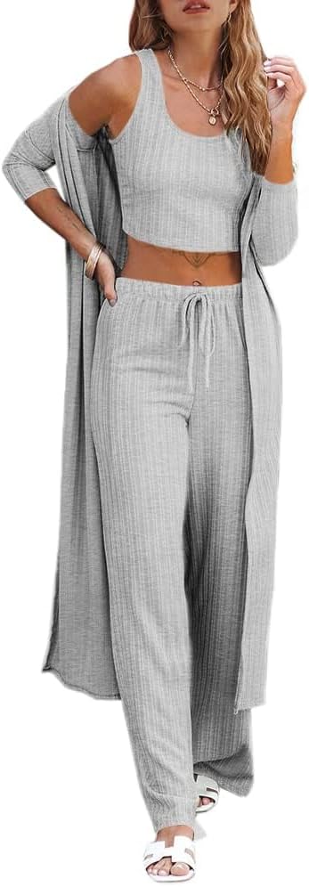 Womens 3 Piece Lounge Sets Pajamas Knit Long Sleeve Cardigan