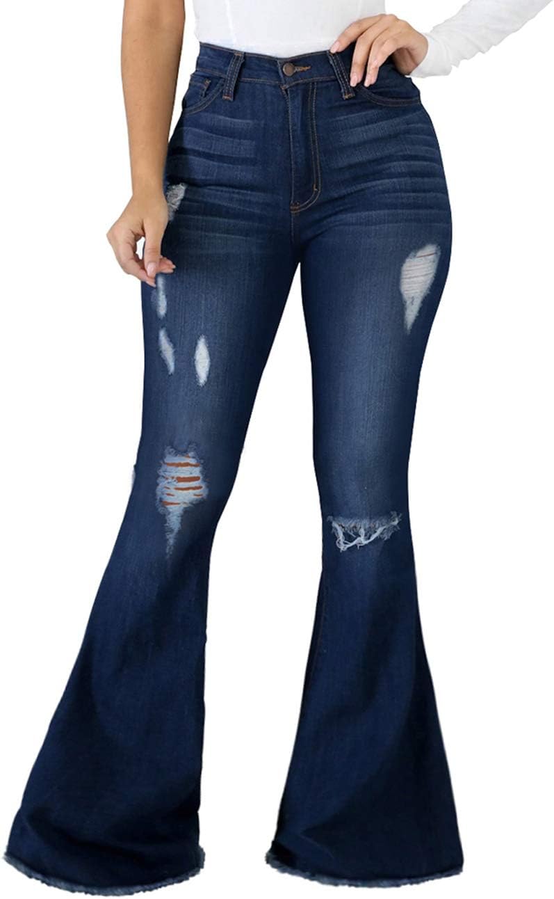 SeNight Women Bell Bottom Jeans with Ripped Flared Style