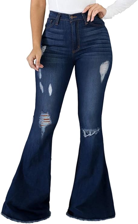 SeNight Women Bell Bottom Jeans with Elastic Waist and Ripped Design