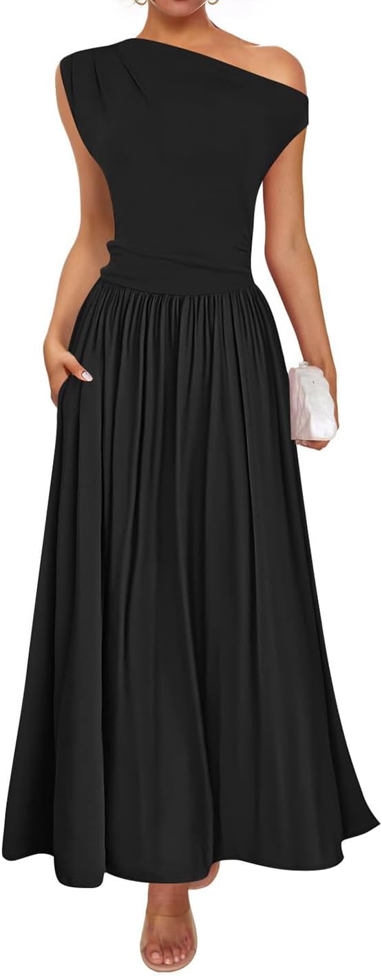 ZESICA Women's Summer Maxi Dress with One Shoulder Design