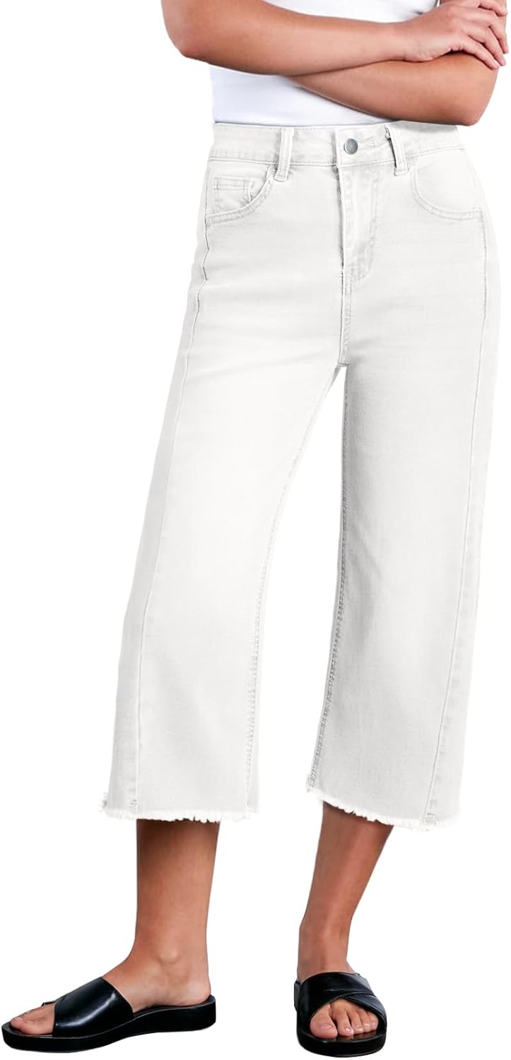 Sidefeel Women's High Waisted Wide Leg Capri Jeans for Comfort