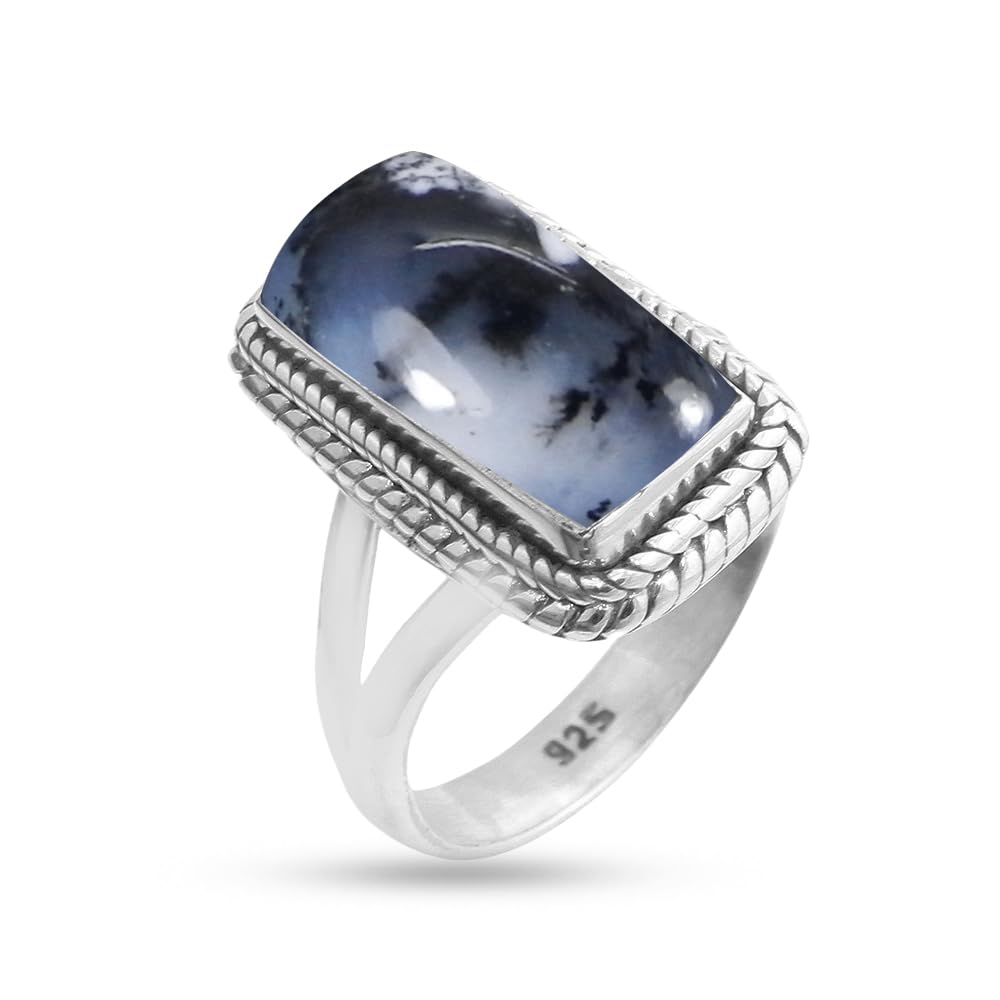 925 Sterling Silver Ring with Natural Dendritic Opal Gemstone
