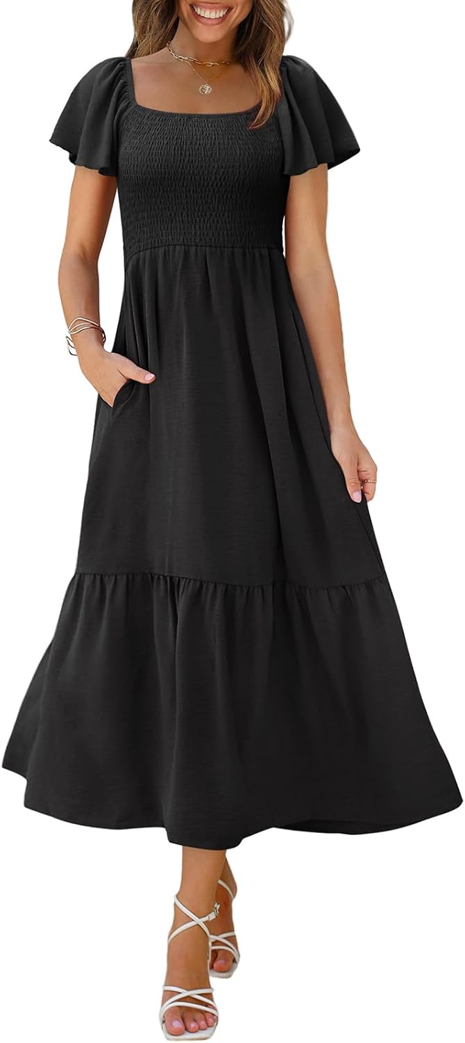 OFEEFAN Summer Dresses for Women with Square Neck and Pockets