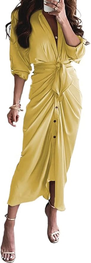 Women Elegant Satin Button Down Short Sleeve Maxi Shirt Dress