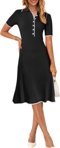 MEROKEETY V Neck Ribbed Knit Midi Dress - Flattering Stretch Fit