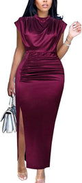 AOMEI Women's Satin High Waist Ruched Slit Long Dress - Elegant Fit