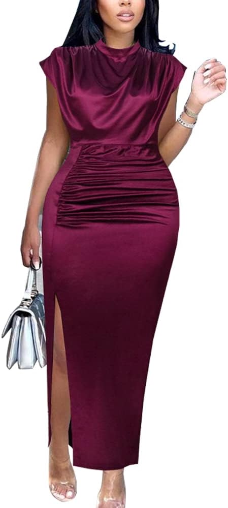AOMEI Women's Cap Sleeve High Waist Ruched Slit Satin Dress