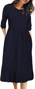 MEROKEETY Women's 3/4 Balloon Sleeve Striped High Waist Midi Dress