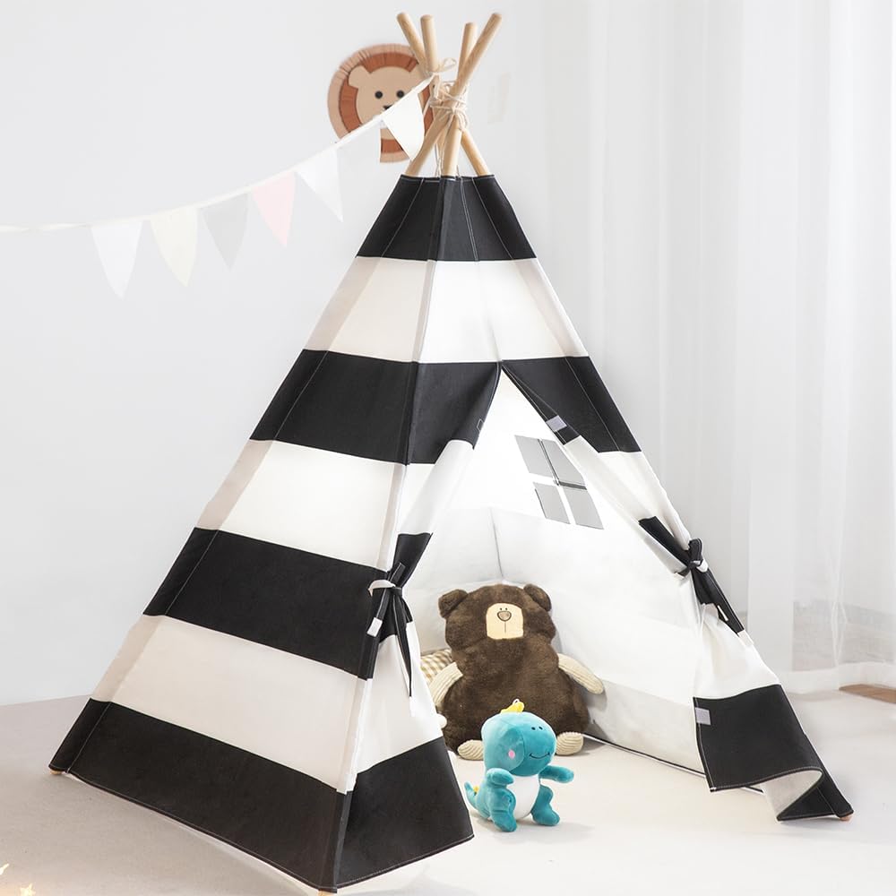 Kids Teepee Tent with Lights & Carry Bag, Natural Cotton Canvas, Washable & Foldable, for Indoor & Outdoor Play