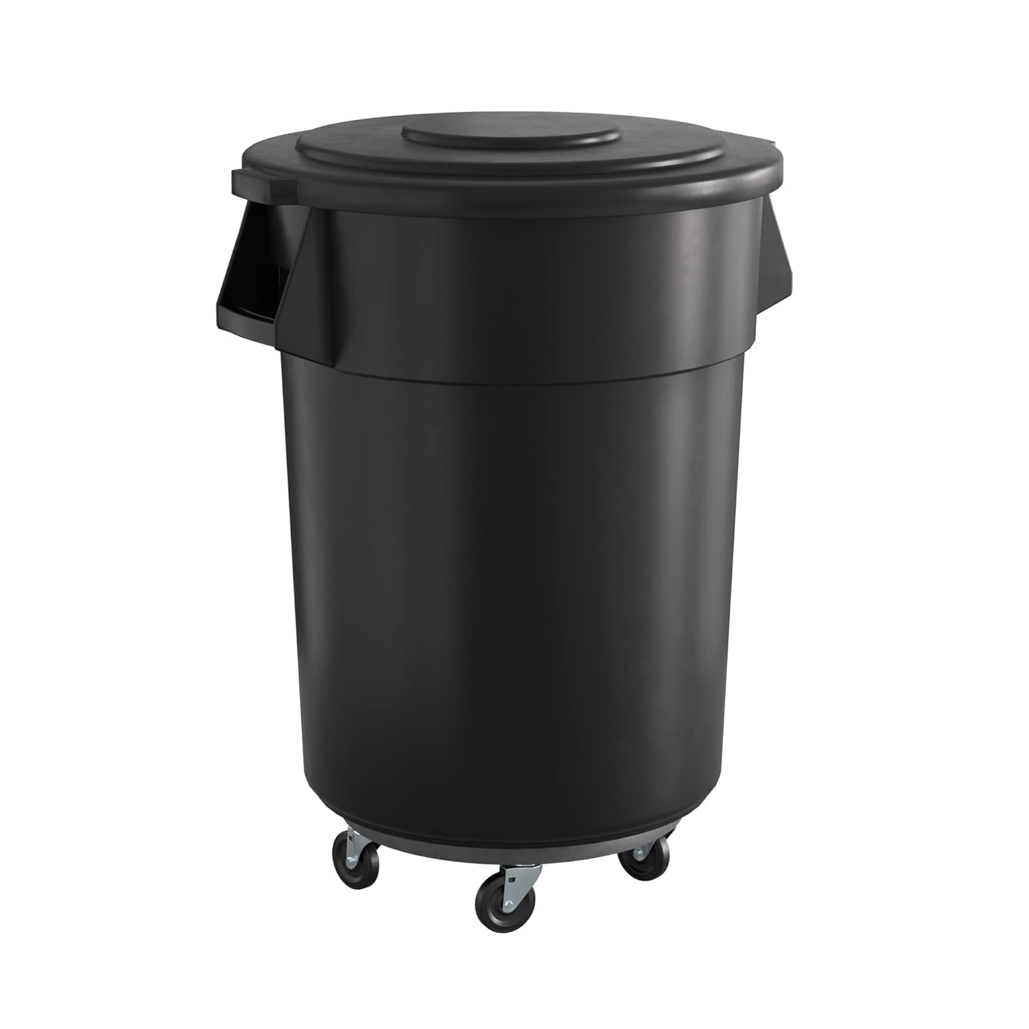 55 Gallon Black Round Trash Can with Lid and Dolly for Durability